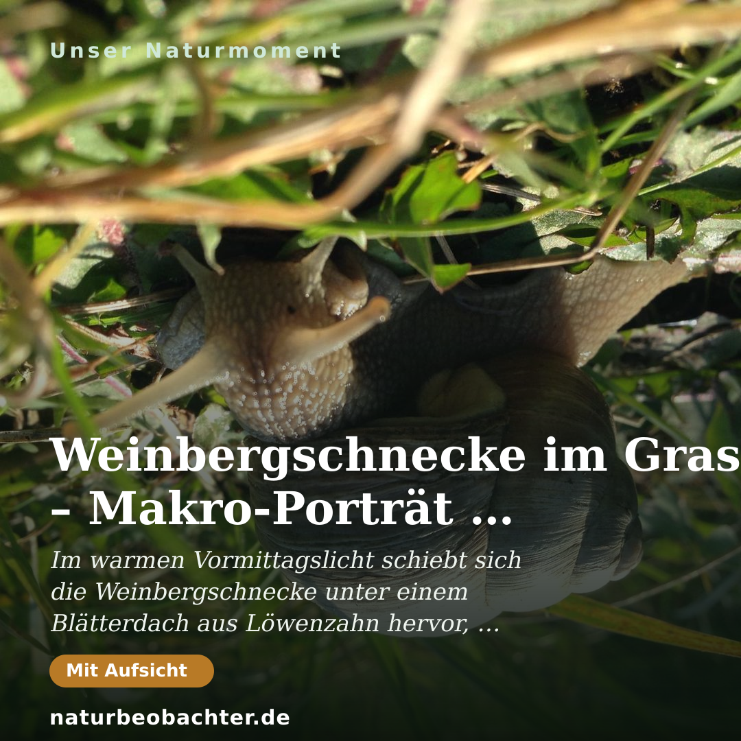 Druck-Vorschau: Weinbergschnecke im Gras – Makro-Porträt im Sonnenlicht